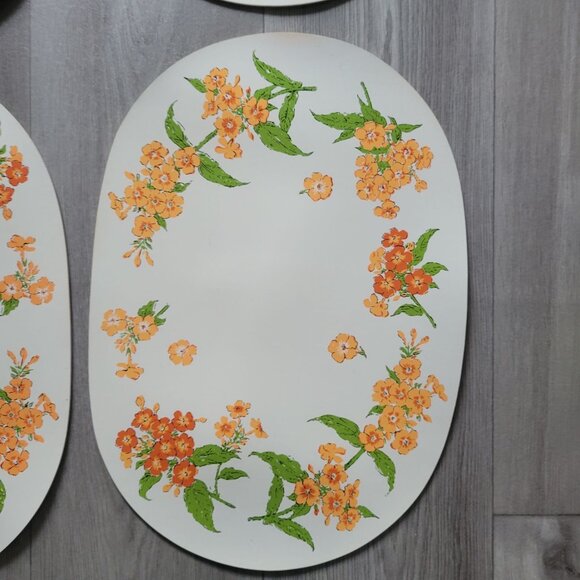 Vintage Oval Floral Placemats Set Of 4 With Orange & Green Flower Design - Picture 2 of 7